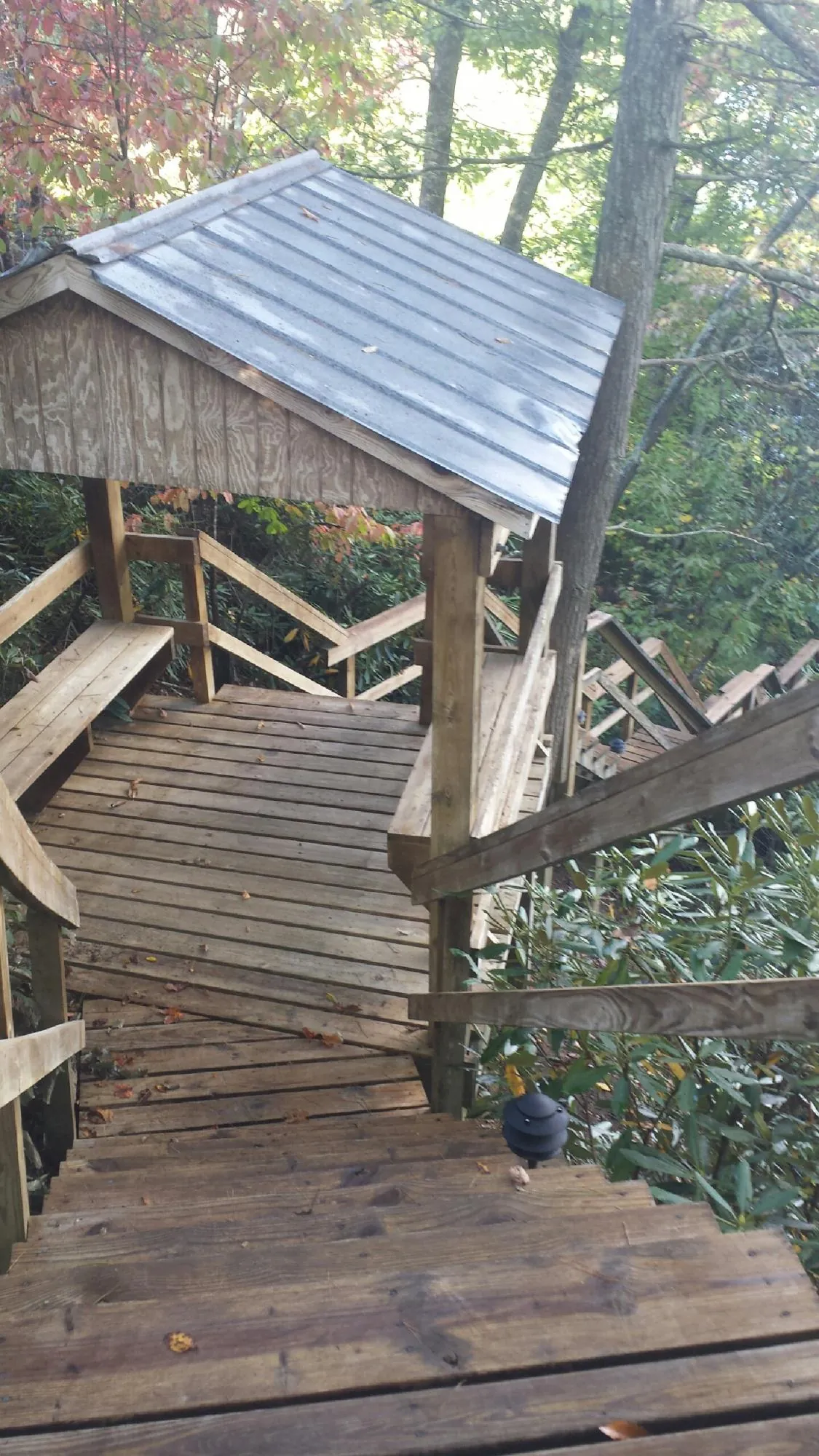 Metal roofed shelter over wooden steps on a wooded walkway — Skylight Repair & Installation work by our crew in Purdys